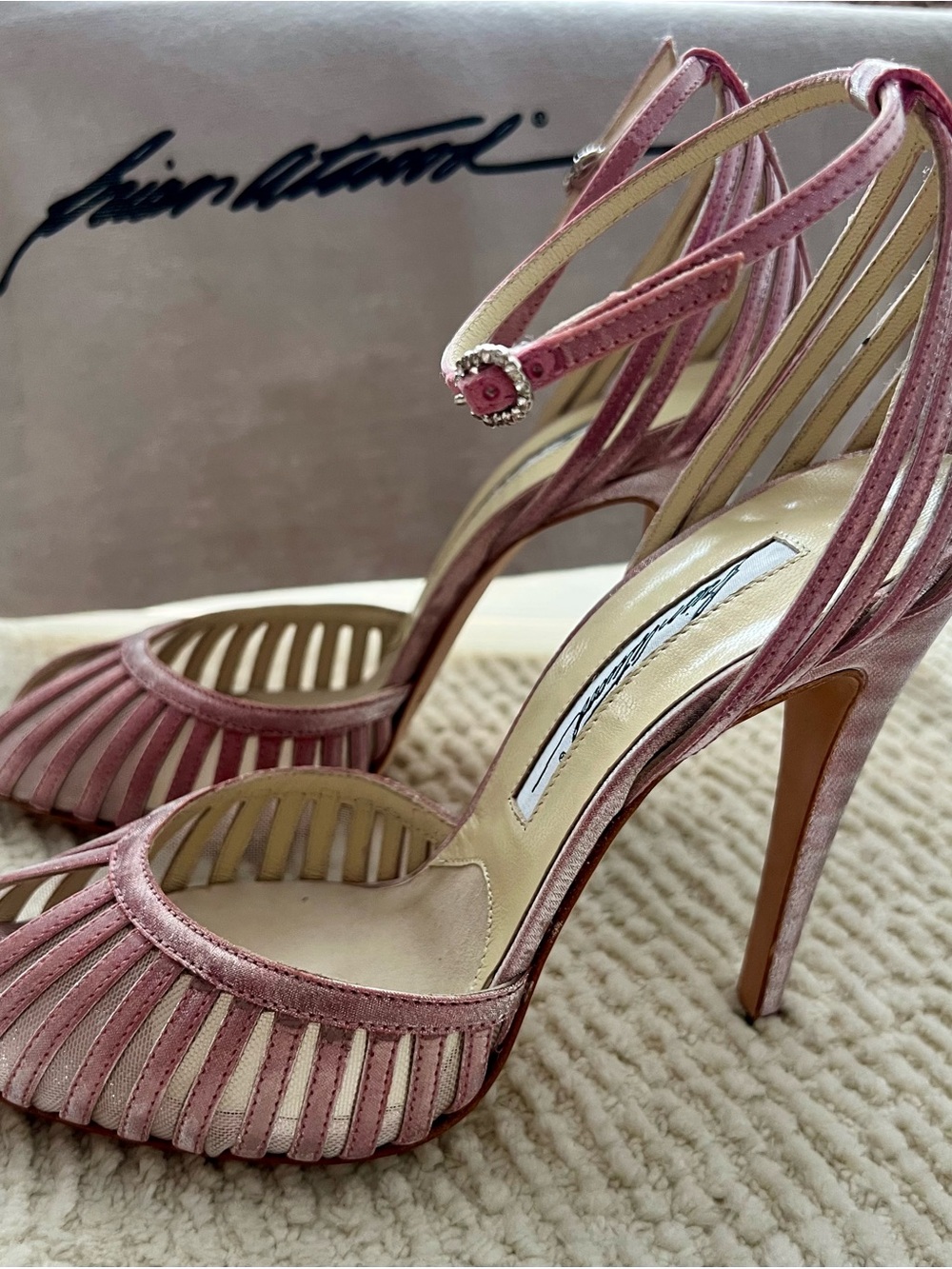 Brian Atwood Rare Pink Metallic Strappy Stiletto Sandals - Picture 6 of 12